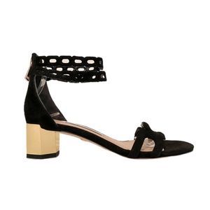DVF Black Suede Cut-Out Sandals with Gold Geometric Heel, Size 6